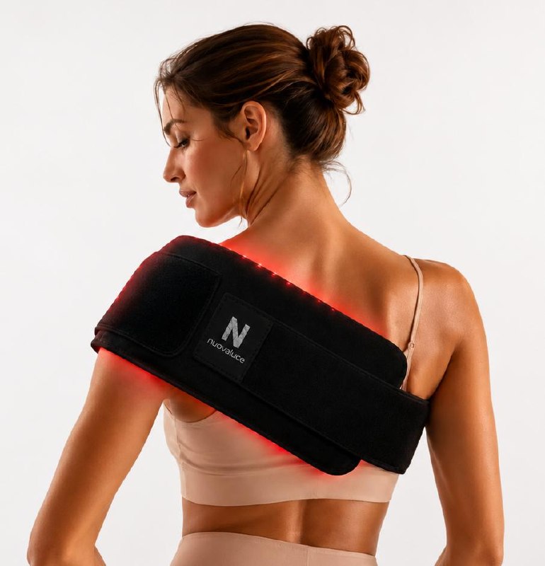 Nuovaluce Red Infrared Light Heating Pad worn over shoulder and upper back