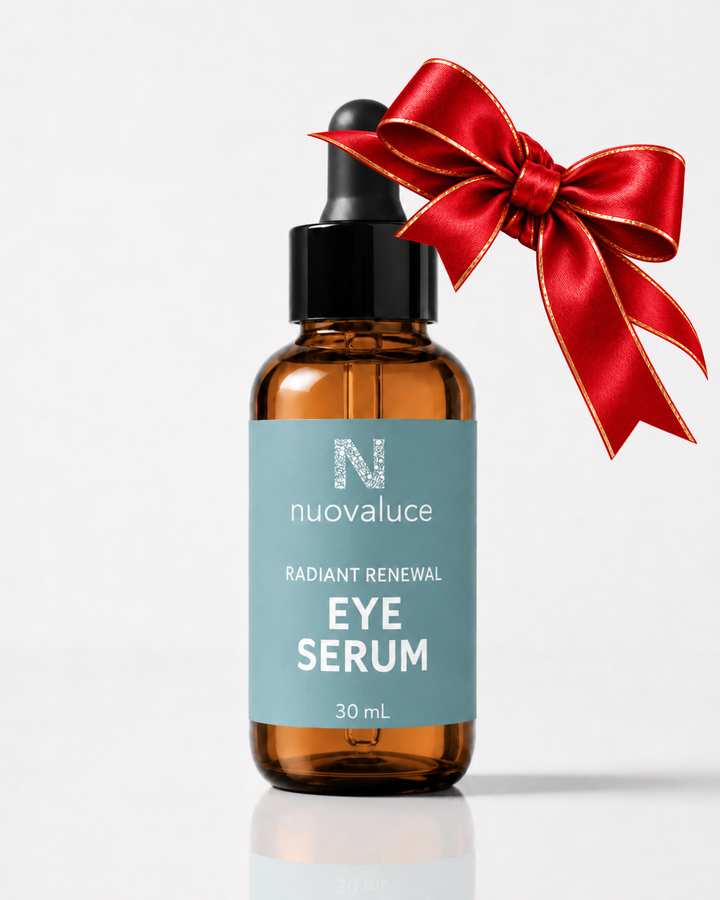 Radiant Renewal Eye Serum with red and gold holiday bow