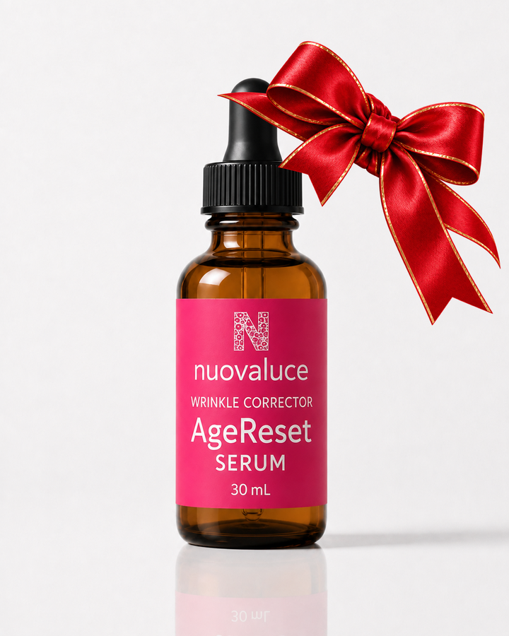 Wrinkle Corrector AgeReset Serum with red and gold holiday bow