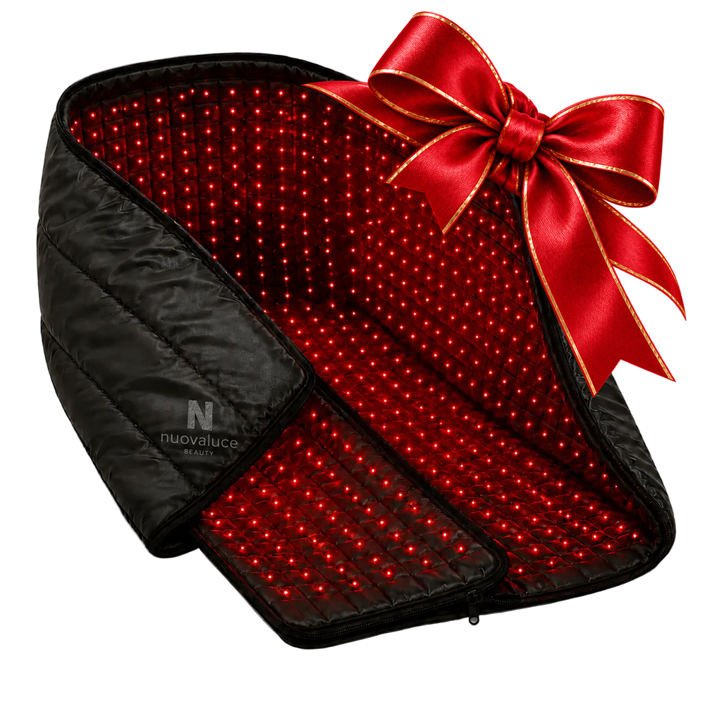 Nuovaluce Red Light Therapy Laser Bag with red and gold holiday bow