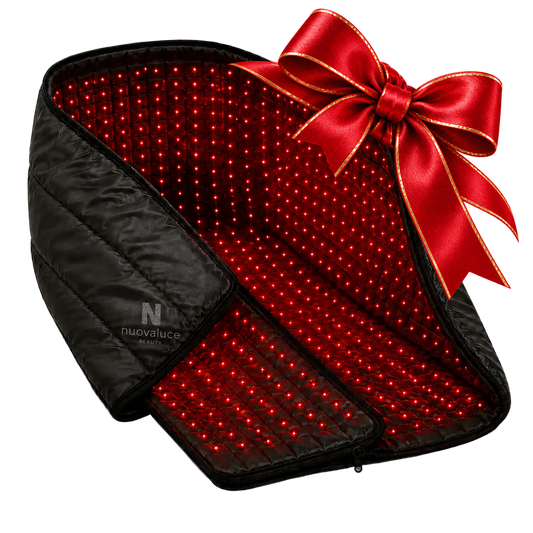 Nuovaluce Red Light Therapy Laser Bag with red and gold holiday bow