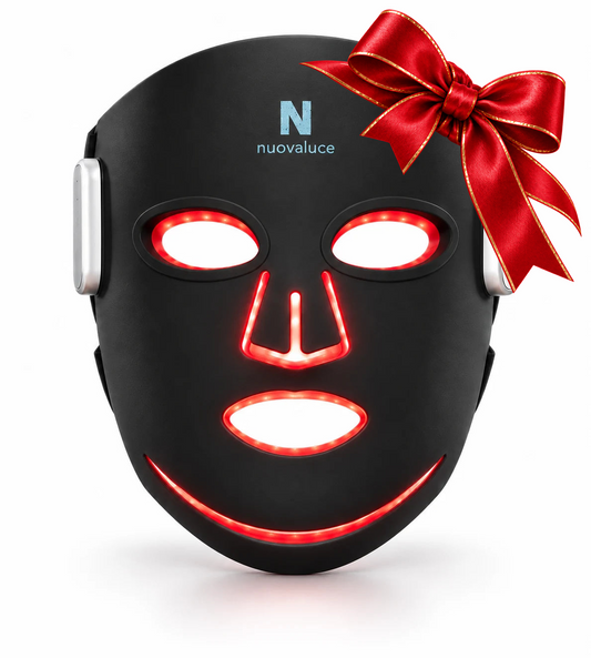 Nuovaluce LED Max Light Therapy Face Mask with red and gold holiday bow
