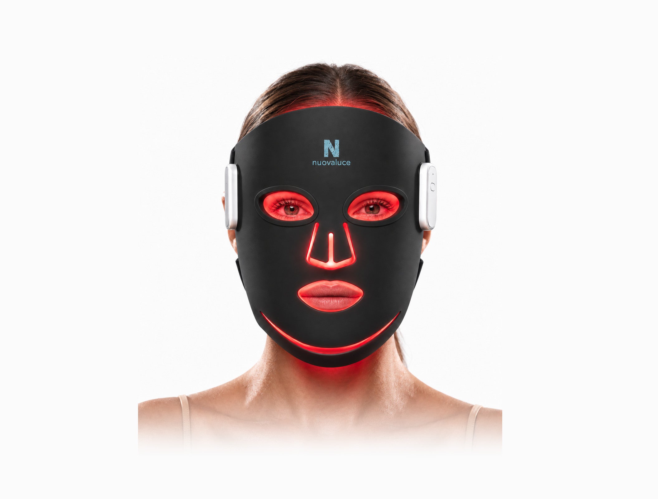 Nuovaluce LED light therapy face mask worn during an at-home red light treatment