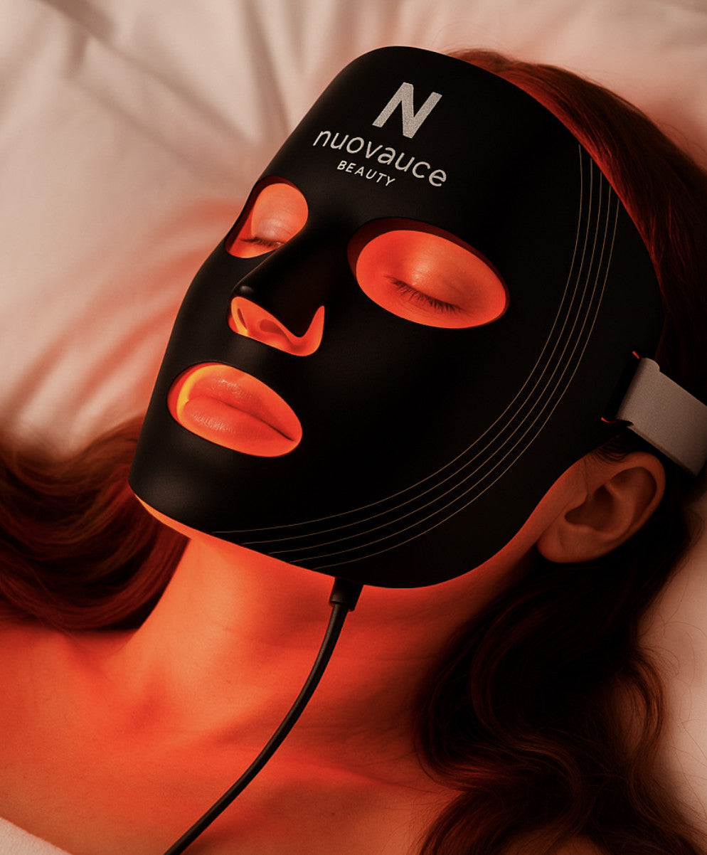 Woman relaxing in bed wearing the Nuovaluce LED face mask