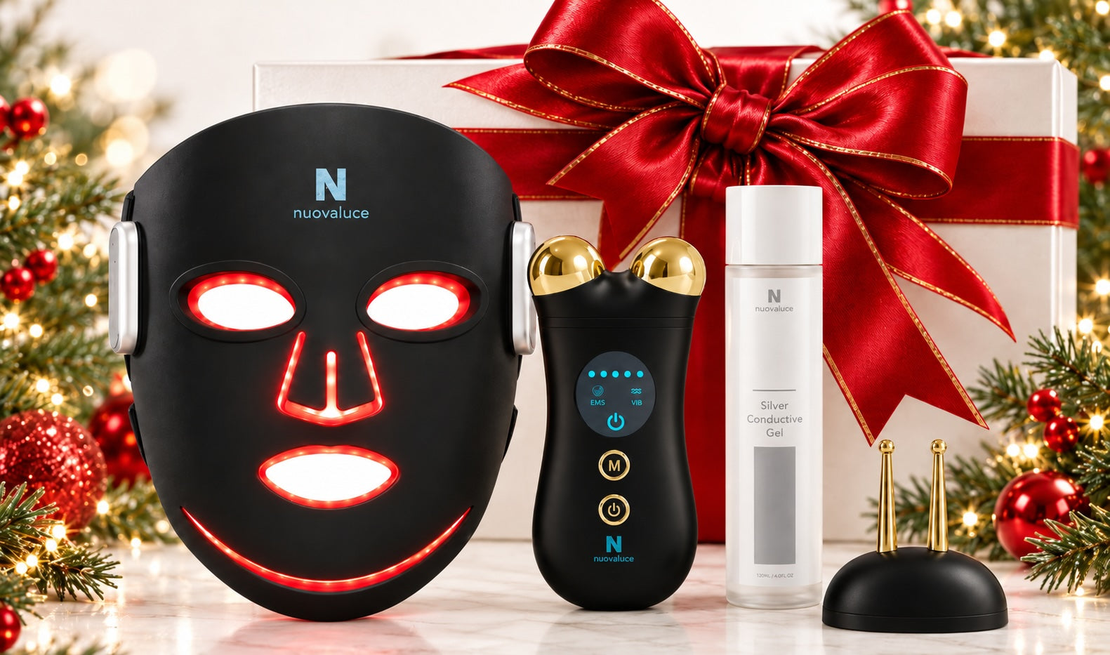 Nuovaluce LED face mask and beauty devices displayed with a holiday gift box